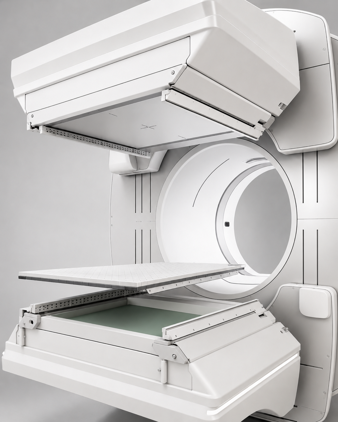 SPECT imaging system with dual detector heads — collimator highlighted on hover