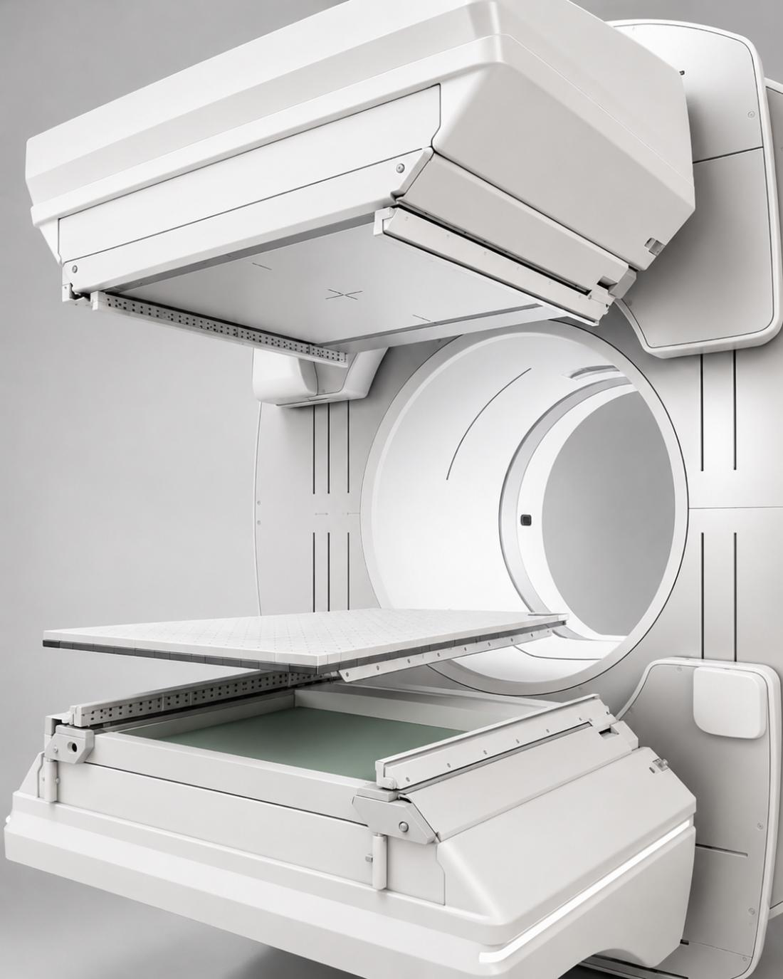 SPECT imaging system with dual detector heads — collimator highlighted on hover